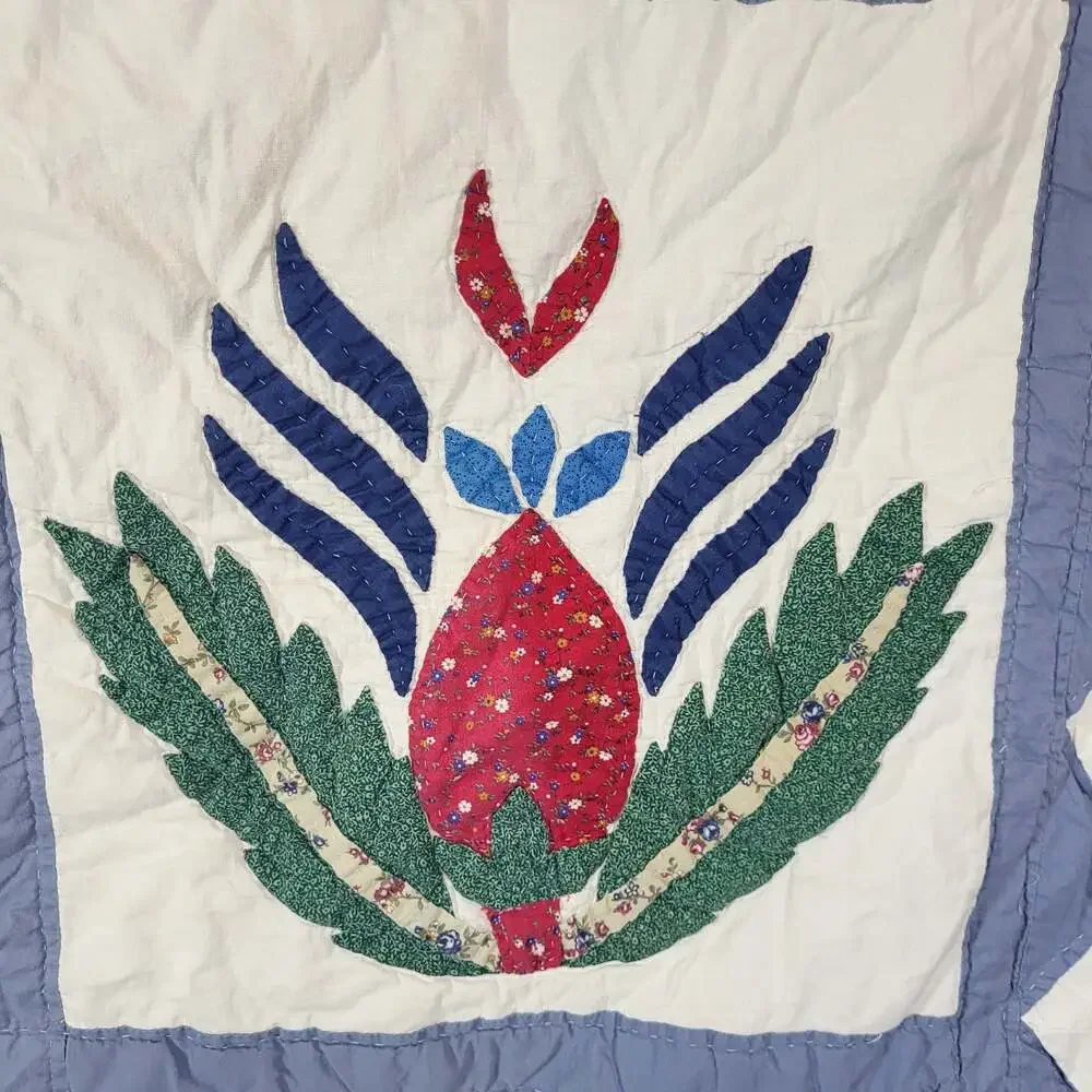 Vintage Handmade Applique and Patchwork Folk Art Quilt with Cabin and Figures